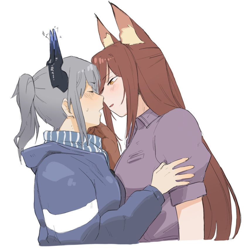 2girls animal_ear_fluff animal_ears arknights blush brown_gloves brown_hair closed_eyes dragon_girl dragon_horns face-to-face fox_ears fox_girl franka_(arknights) gloves grey_hair half-closed_eyes hand_on_another's_arm hand_on_another's_chin highres horns hug imminent_kiss liskarm_(arknights) long_hair looking_at_another multiple_girls open_mouth pom_dovu ponytail sweat white_background yuri
