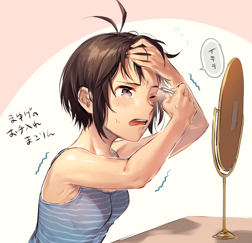 1girl adjusting_hair antenna_hair armpits bare_shoulders blue_camisole blush breasts brown_eyes brown_hair camisole circle close-up commentary flying_sweatdrops from_side furrowed_brow hand_on_own_forehead highres holding idolmaster idolmaster_(classic) kikuchi_makoto leaning_forward looking_ahead looking_at_mirror mihen mirror one_eye_closed open_mouth pain pink_background plucking_hair short_hair sitting small_breasts solo spaghetti_strap speech_bubble striped_camisole sweatdrop table teeth translated trembling tweezers two-tone_background upper_body vanity_table very_short_hair wavy_mouth white_background wince