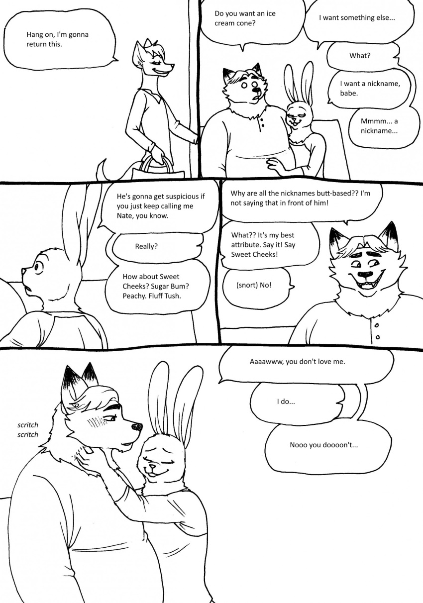 2023 anthro belly bernielover blush canid canine clothing comic dialogue disney duo english_text eyes_closed fan_character fox gideon_grey hi_res humanoid_hands lagomorph leporid male mammal monochrome overweight overweight_male rabbit shirt sitting text topwear zootopia