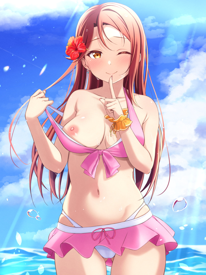 1girl ;) bikini bikini_skirt blue_sky breasts brown_hair closed_mouth clothes_pull cloud collarbone cowboy_shot day flower hair_flower hair_ornament hibiscus highres lens_flare long_hair love_live! love_live!_sunshine!! medium_breasts mobukichi nipples one-piece_swimsuit_pull one_eye_closed outdoors pink_bikini pulled_by_self red_flower sakurauchi_riko sky smile solo standing straight_hair summer sunlight swimsuit very_long_hair yellow_eyes