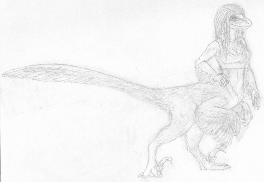 biped biped_taur bottomless bottomless_female bottomless_taur breasts chukchi_husky clothed clothing digitigrade dinosaur dinosaur_taur dromaeosaurid dromaeosaurid_taur feathers female graphite_(artwork) hand_on_hip hi_res medium_breasts pencil_(artwork) pseudo_hair reptile reptile_taur scalie scalie_taur simple_background solo standing taur theropod theropod_taur topwear topwear_only traditional_media_(artwork) velociraptor velociraptor_taur white_background