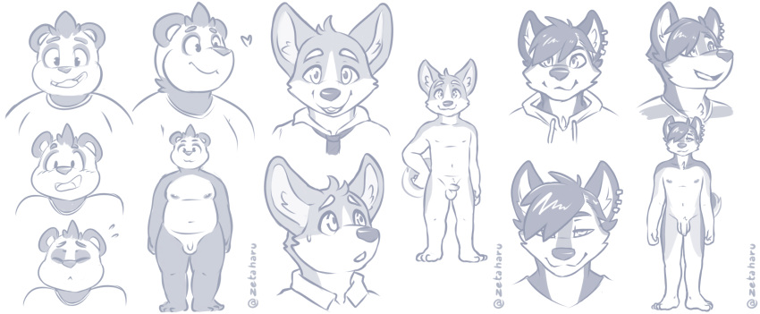 &lt;3 2023 3_toes anthro balls bear blush bodily_fluids canid canine canis clothing domestic_dog ear_piercing eyes_closed feet flaccid frown genitals giant_panda group hand_on_hip herding_dog hi_res hoodie husky male mammal model_sheet monochrome multiple_expressions neck_tuft necktie nipples nordic_sled_dog nude open_mouth overweight overweight_anthro overweight_male pastoral_dog penis piercing shirt smile spitz standing sweat sweatdrop toes topwear trio tuft welsh_corgi zeta-haru