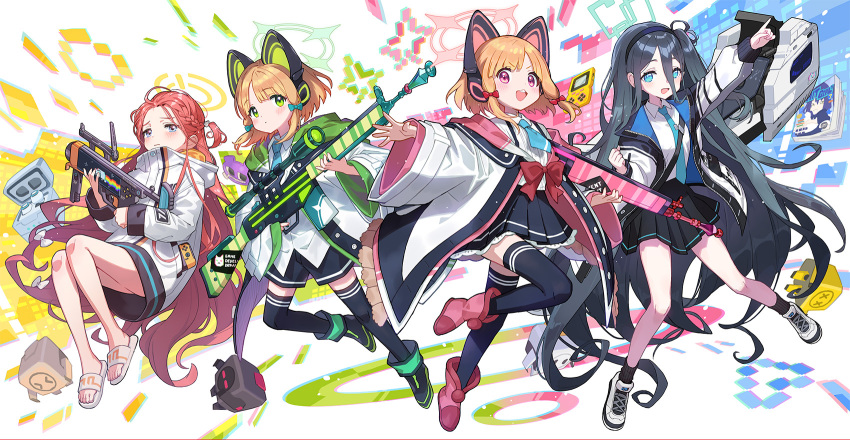 4girls animal_ear_headphones animal_ears aris_(blue_archive) black_skirt black_socks black_thighhighs blonde_hair blue_archive blue_eyes blue_hair blue_necktie bow braid collarbone commentary_request fake_animal_ears game_development_department_(blue_archive) green_eyes green_footwear hair_between_eyes hair_bow halo headphones highres holding holding_weapon long_hair looking_at_viewer midori_(blue_archive) momoi_(blue_archive) multiple_girls necktie official_art open_mouth pink_footwear pink_hair red_bow red_hair saitou_naoki sandals shoes siblings side_braid side_ponytail sisters skirt sneakers socks thighhighs twins weapon white_background yuzu_(blue_archive)