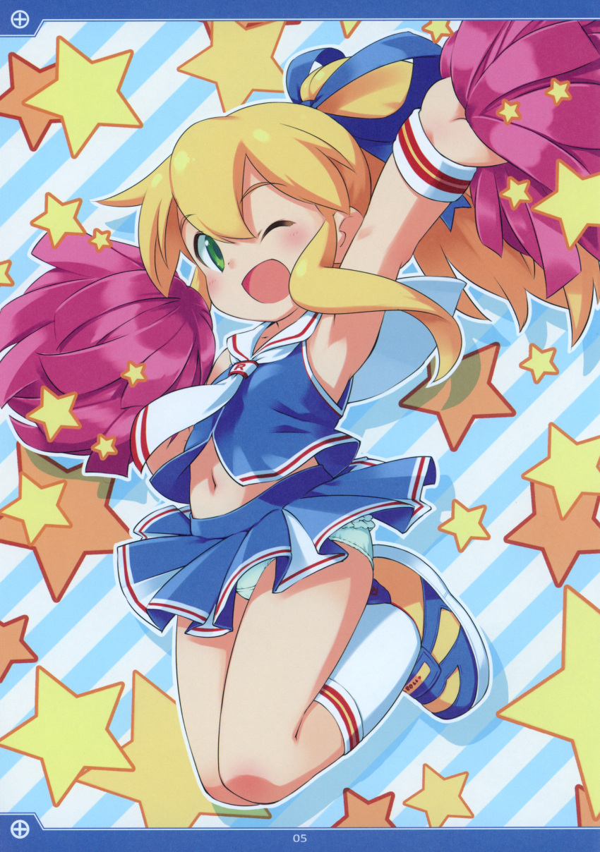 1girl absurdres alternate_costume arm_up armpits blonde_hair blue_background blue_footwear blue_shirt cheerleader female_child frilled_panties frills full_body green_eyes hair_between_eyes hair_ribbon hand_up highres inou_shin kneehighs legs legs_together long_hair looking_at_viewer mega_man_(series) midair midriff navel necktie non-web_source one_eye_closed open_mouth page_number panties parted_bangs pom_pom_(cheerleading) ribbon roll_(mega_man) sailor_collar scan shirt sleeveless sleeveless_shirt socks solo star_(symbol) striped striped_background thighs two-tone_footwear underwear white_background white_necktie white_panties white_sailor_collar white_socks yellow_footwear