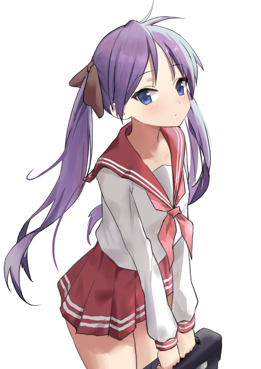 1girl absurdres bag blue_eyes blush closed_mouth dot_nose highres hiiragi_kagami holding legs long_hair long_sleeve_shirt looking_at_viewer lucky_star purple_hair red_sailor_collar sailor_collar school_bag school_uniform serafuku simple_background solo standing white_background yoruciel