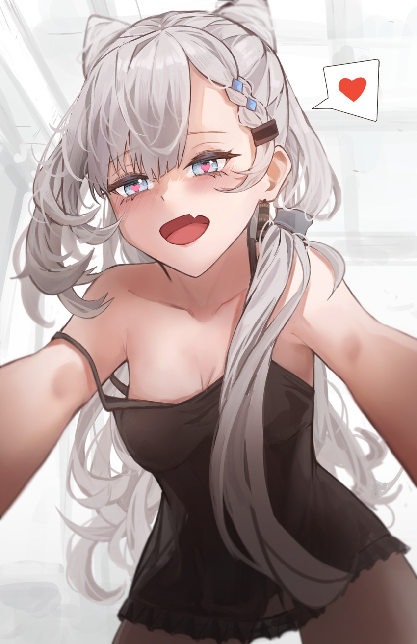 1girl bare_shoulders black_camisole blue_eyes blush braid braided_bangs breasts camisole cleavage collarbone commentary cone_hair_bun cowboy_shot double_bun earrings fang grey_hair hair_between_eyes hair_bun heart heart-shaped_pupils highres hololive hololive_indonesia indoors jewelry long_hair looking_at_viewer low_ponytail medium_breasts numamus open_mouth pajamas pov see-through_silhouette skin_fang solo spoken_heart strap_slip symbol-shaped_pupils vestia_zeta virtual_youtuber