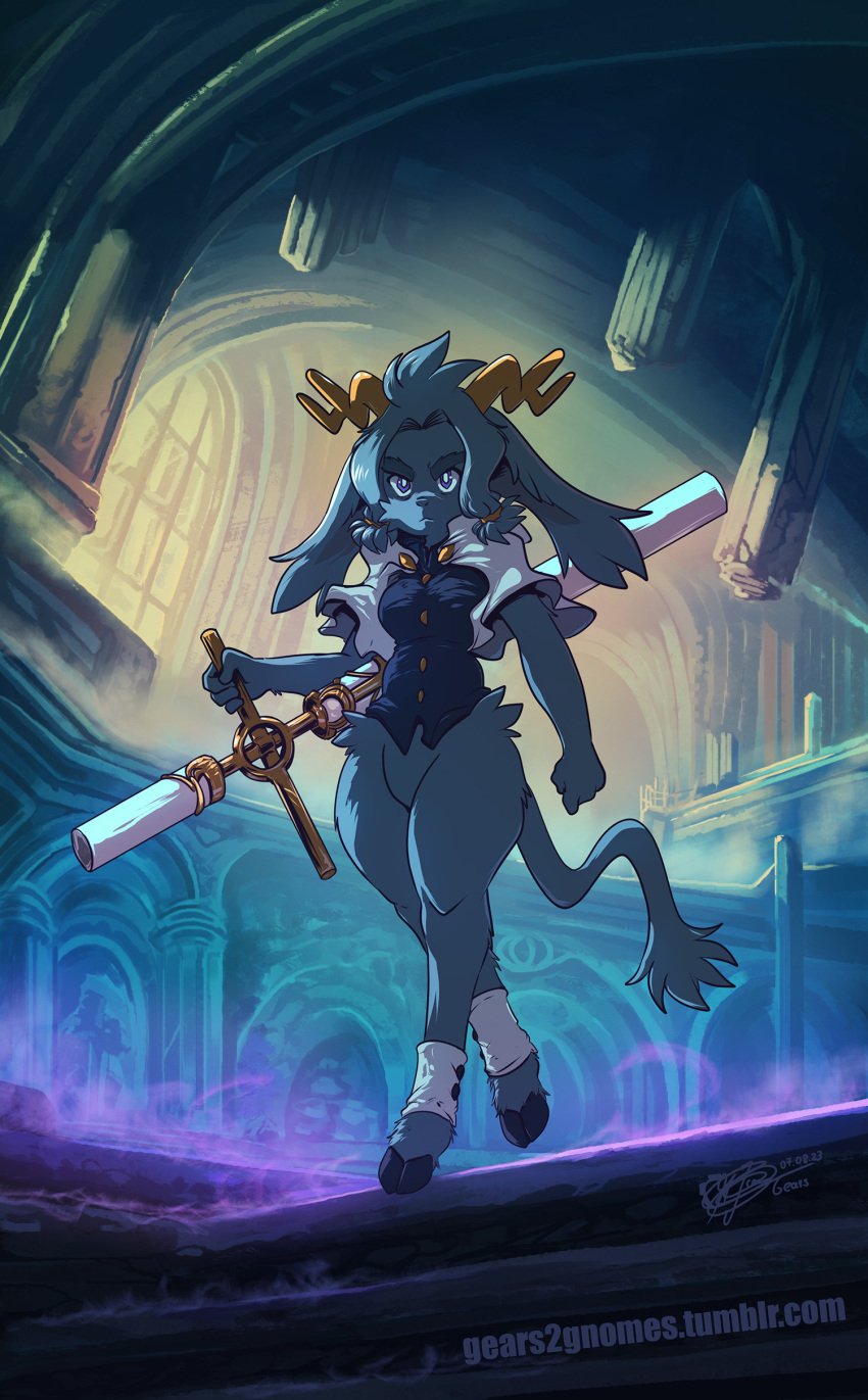 absurd_res ankle_cuffs anthro antlers big_ears bottomless bovid breasts caprine castle clothed clothing cloven_hooves club_(weapon) cuff_(restraint) cuff_links detailed_background featureless_crotch female fur gears2gnomes goat grey_body grey_fur hi_res hooves horn hybrid inside jackalope lagomorph leporid looking_at_viewer mammal melee_weapon nightstick pseudoregalia pupils purple_eyes rabbit restraints shawl solo sybil_(pseudoregalia) weapon white_pupils wide_hips