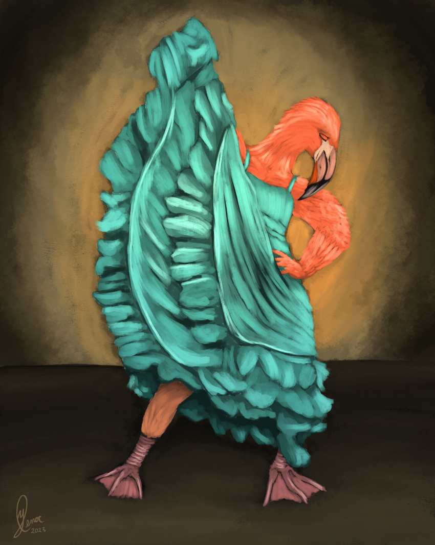 absurd_res anthro aquamarine_colour avian beak bird birdtember clothing dancing dress feathers female flamenco flamingo hi_res membrane_(anatomy) solo speedpaint stage stage_lights webbed_feet yenocwolf