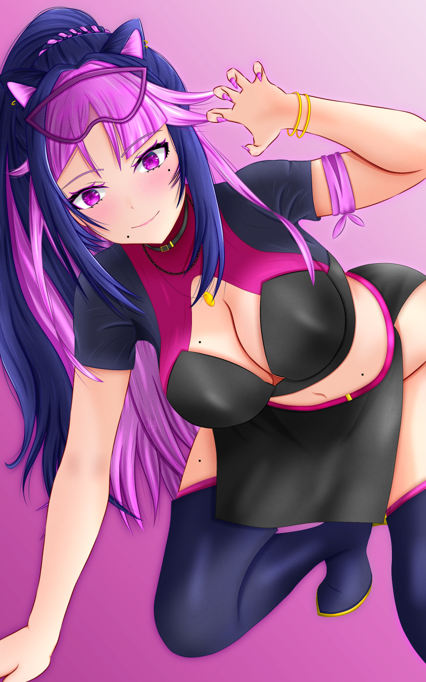 1girl absurdres artist_request black_bra black_panties black_skirt blush bow bra bracelet breasts claw_pose cleavage closed_mouth colored_inner_hair crop_top earrings fishnets garter_straps hat heart high_heels highres indie_virtual_youtuber jewelry kneeling large_breasts long_hair looking_at_viewer medium_breasts midriff miniskirt mole mole_on_breast mole_on_thigh mole_under_eye mole_under_mouth multicolored_hair nail_polish navel non-web_source panties pelvic_curtain pink_hair pink_nails ponytail purple_eyes purple_hair shirt short_sleeves shura_hiwa sidelocks simple_background skirt smile solo source_request streaked_hair thighhighs thighs underwear very_long_hair virtual_youtuber wrist_cuffs