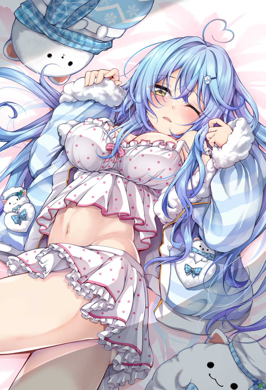 1girl absurdres ahoge blue_coat blue_hair blush breasts coat daifuku_(yukihana_lamy) frilled_shirt frilled_skirt frills fur-trimmed_coat fur_trim hair_ornament hairpin heart heart_ahoge highres hololive large_breasts looking_at_viewer lying maineko_ruru multicolored_hair navel official_alternate_costume on_back one_eye_closed pajamas pointy_ears polka_dot polka_dot_pajamas shirt skirt streaked_hair virtual_youtuber white_shirt white_skirt yellow_eyes yukihana_lamy yukihana_lamy_(4th_costume) yukimin_(yukihana_lamy)