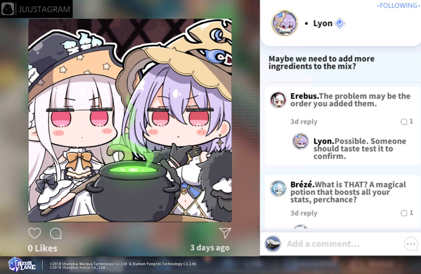 azur_lane black_gloves black_headwear blue_fire blush_stickers braid breasts candle cane cauldron chibi closed_mouth clothing_cutout commentary copyright_name dress earrings english_commentary english_text erebus_(azur_lane) fire gloves grey_hair hair_between_eyes hat highres holding jewelry jitome large_breasts long_hair long_sleeves looking_at_viewer lyon_(azur_lane) maille-breze_(azur_lane) mole mole_under_eye navel no_nose official_art pink_eyes pointy_ears purple_hair ribbon shoulder_cutout star_(symbol) star_print witch_hat