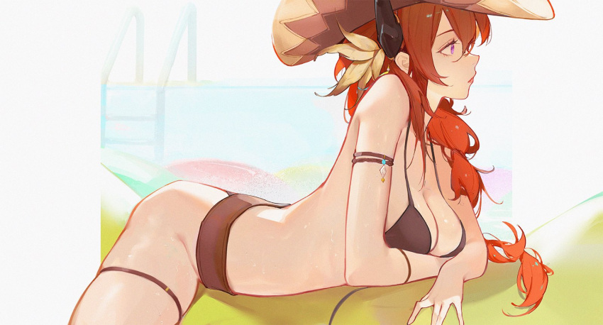 1girl arknights ass bare_arms bare_legs bare_shoulders bikini black_bikini black_horns breasts cleavage closed_mouth crossed_arms demon_horns eyyy feet_out_of_frame from_side hair_between_eyes hair_ornament highres horns lipstick long_hair looking_ahead lying makeup on_stomach outdoors pink_lips pool purple_eyes red_hair shadow sidelocks solo stairs surtr_(arknights) swimsuit water