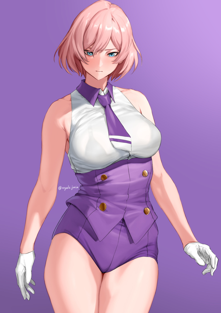 1girl absurdres bare_shoulders blue_eyes bra_visible_through_clothes breasts closed_mouth contrapposto corset gloves grey_hair gridman_universe hair_between_eyes highres large_breasts looking_at_viewer mujina necktie purple_background purple_corset purple_necktie purple_shorts royal_s shirt short_hair short_necktie shorts sleeveless sleeveless_shirt solo ssss.dynazenon thighs twitter_username underbust white_gloves white_shirt