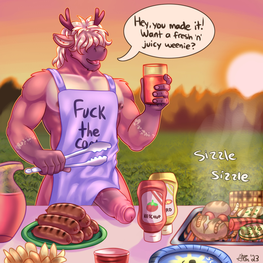 1:1 2023 anthro antlers apron apron_aside artist_name barbecue biceps big_penis capreoline clothed clothing colored cooking_tongs deer dialogue digital_drawing_(artwork) digital_media_(artwork) english_text food foreskin fur genitals glans grass grill hair hair_over_eyes half-erect hi_res holding_object horn humanoid_genitalia humanoid_penis kitchen_utensils male mammal mostly_nude muscular muscular_anthro muscular_male nipples onomatopoeia open_mouth outside pecs penis picnic plant reindeer ryker_(shonarts) shaded shon_arts signature simple_background skimpy sky smile solo sound_effects speech_bubble standing teeth text tongs tongue tools vein veiny_penis