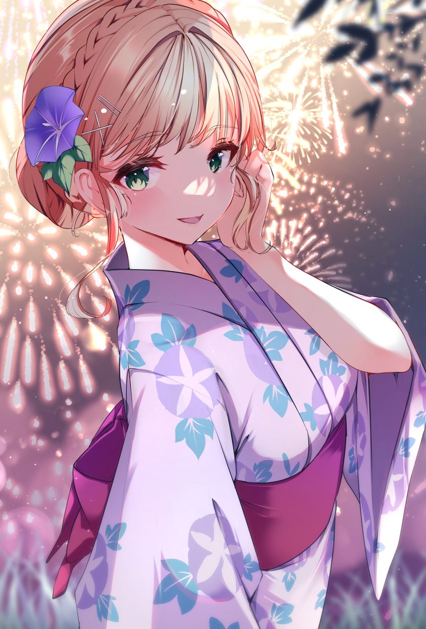 1girl absurdres blonde_hair breasts festival fireworks flower green_eyes hair_flower hair_ornament highres japanese_clothes kimono looking_at_viewer night obi original outdoors risumi_(taka-fallcherryblossom) sash solo upper_body x_hair_ornament