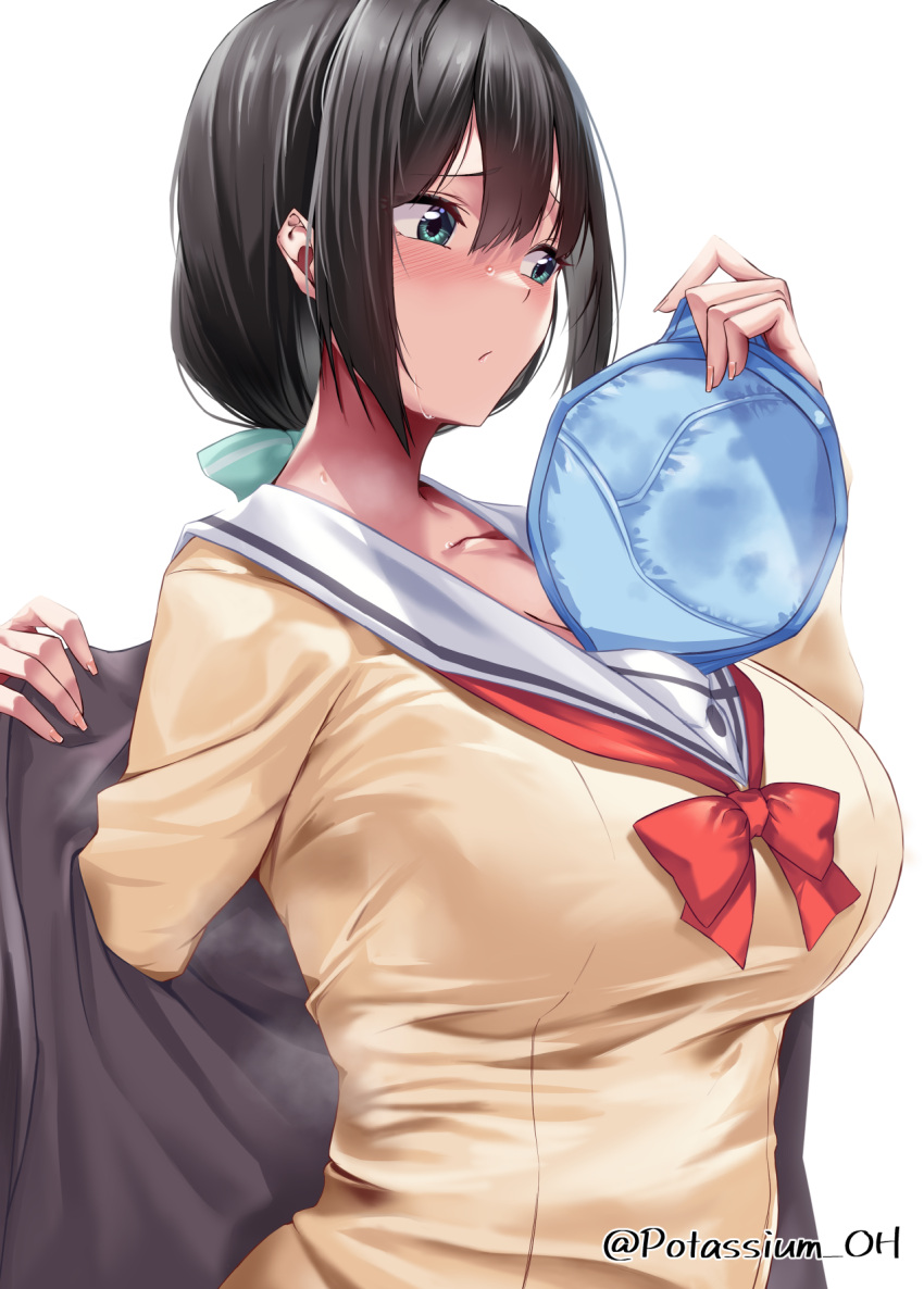 1girl aqua_bow aqua_eyes artist_name black_hair blue_bra blush bow bowtie bra breasts cardigan cleavage closed_mouth commentary_request double-parted_bangs from_side grey_cardigan highres holding holding_bra holding_clothes holding_underwear large_breasts long_hair looking_afar looking_ahead low-tied_long_hair potassium_oh red_bow red_bowtie removing_bra removing_bra_under_shirt sanshuu_middle_school_uniform school_uniform signature simple_background solo sweatdrop sweater_vest tougou_mimori twitter_username underwear upper_body white_background yellow_sweater_vest yuuki_yuuna_wa_yuusha_de_aru yuusha_de_aru