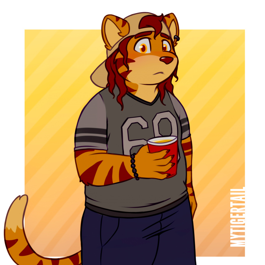 anthro clothing felid gabe_(mytigertail) hi_res invalid_tag male male/male mammal mytigertail pantherine res signature slightly_chubby solo tiger
