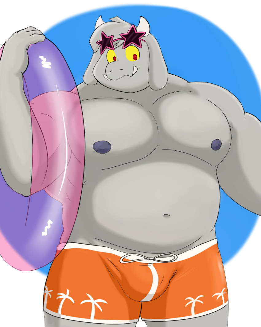 anthro bottomwear bovid bulge caprine clothing enfer_belial eyewear eyewear_on_head fur goat goenym grey_body grey_fur hi_res horn kings_of_hell male mammal muscular muscular_anthro muscular_male navel nipples pecs shorts solo sunglasses sunglasses_on_head swim_ring swimwear