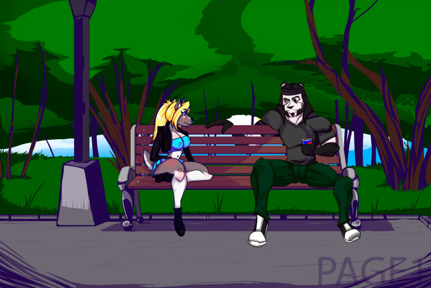 anthro bandanna_on_forehead bear beard bench beverage black_hair blonde_hair bottomwear canid canine canis clothing comic digital_media_(artwork) domestic_dog duo eye_contact facial_hair female giant_panda hair humanoid husky j187r jacket jess_(j187r) looking_at_another male male/female mammal marcex nordic_sled_dog outside park park_bench pigtails public remaninglife sergio_(remaninglife) sitting skirt spitz topwear