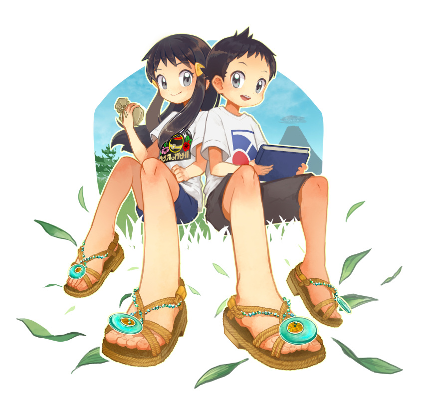 1boy 1girl :d absurdres akari_(pokemon) black_hair book brown_footwear closed_mouth commentary_request feet grey_eyes hair_ornament hairclip highres holding holding_book knees leaf looking_at_viewer open_mouth pokemon pokemon_(game) pokemon_legends:_arceus print_shirt rei_(pokemon) sandals shirt short_hair short_sleeves shorts sidelocks smile soumen_nigoki t-shirt toes white_shirt