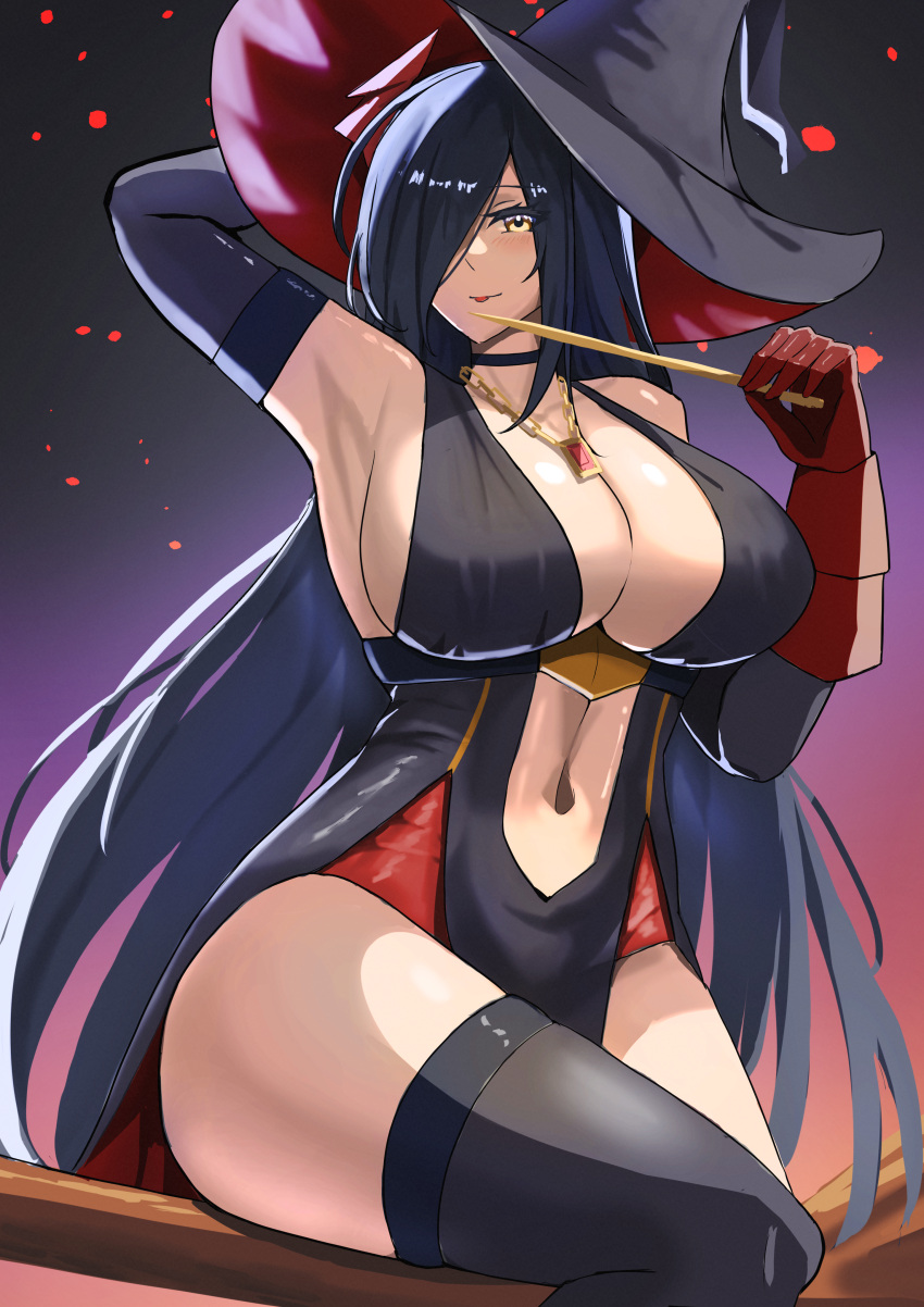 1girl absurdres alternate_costume azur_lane black_hair black_thighhighs breasts center_opening cleavage detached_sleeves friedrich_der_grosse_(azur_lane) gem gloves hair_over_one_eye halloween_costume hat highres holding holding_wand horns huge_breasts jewelry long_hair looking_at_viewer mechanical_horns namazake navel necklace pelvic_curtain red_gemstone red_gloves red_horns sitting solo thighhighs very_long_hair wand witch witch_hat yellow_eyes