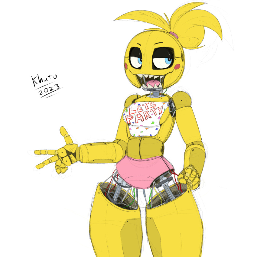 absurd_res animatronic anthro avian ball_joints beakless bib bird blue_eyes chicken clothing doll_joints exposed_endoskeleton female five_nights_at_freddy's five_nights_at_freddy's_2 galliform gallus_(genus) head_feathers head_tuft hi_res khutokun machine open_mouth panties phasianid pink_clothing pink_panties pink_underwear robot rosy_cheeks scottgames sharp_teeth simple_background solo teeth thick_thighs toy_chica_(fnaf) tuft underwear white_background wide_hips wire yellow_body