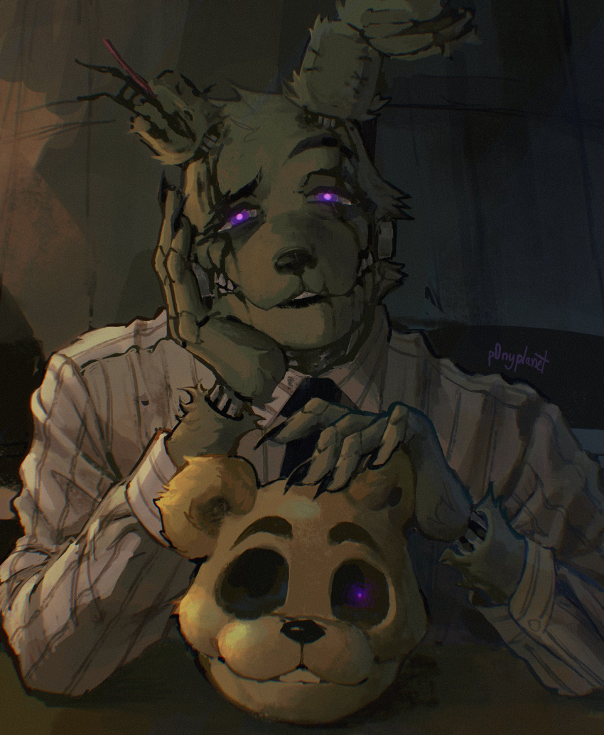 2023 5_fingers animatronic anthro black_nose clothing fingers five_nights_at_freddy's five_nights_at_freddy's_3 furniture green_body head_on_hand hi_res lagomorph leporid looking_at_viewer machine male mammal necktie p0nyplanet purple_eyes rabbit robot scottgames shirt solo springtrap_(fnaf) table topwear