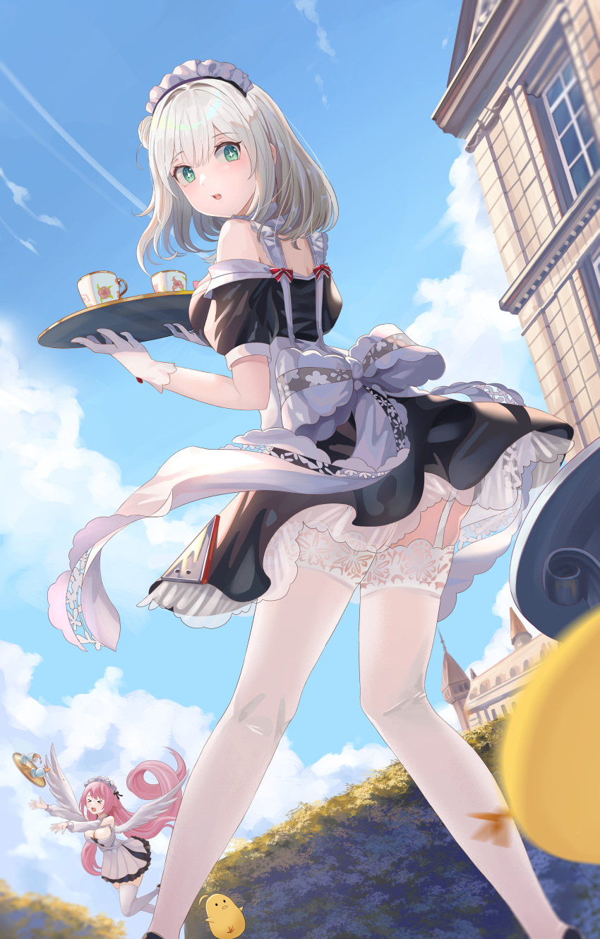 &gt;_&lt; +_+ 2girls absurdres azur_lane bare_shoulders bird black_dress blue_sky chick cloud cross-shaped_pupils cup dress feathered_wings frilled_hairband frills from_below garter_straps gloves green_eyes grey_hair hairband highlander_z highres holding holding_tray lace-trimmed_legwear lace_trim layered_dress long_hair looking_back maid maid_headdress manchester_(azur_lane) manjuu_(azur_lane) medium_hair multiple_girls outdoors pink_hair sky spilling symbol-shaped_pupils teacup theseus_(azur_lane) thighhighs tray tripping white_dress white_gloves white_thighhighs white_wings wings