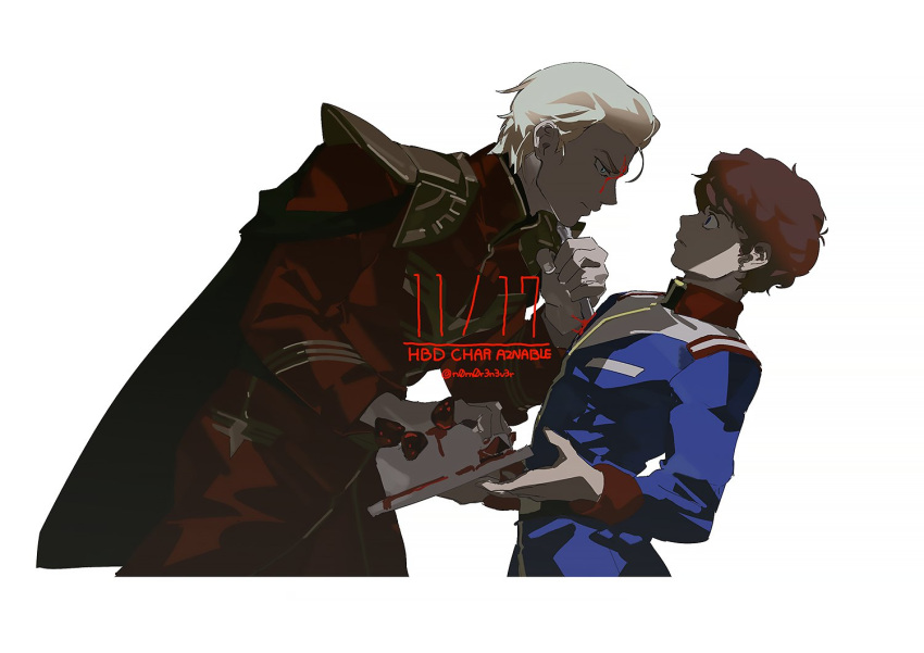 2boys amuro_ray arched_back armor blonde_hair blood blood_on_face brown_eyes brown_hair cake cape char's_counterattack char_aznable character_name curly_hair dated food fruit gloves gundam holding holding_food jacket knife leaning_forward long_sleeves male_focus military_uniform mobile_suit_gundam multiple_boys n0m0r3n3v3r open_mouth plate short_hair shoulder_armor simple_background stab strawberry time_paradox twitter_username uniform white_background white_gloves