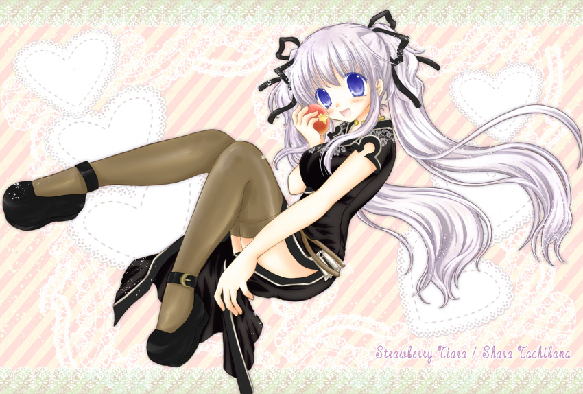 1girl :d artist_name black_dress black_footwear black_ribbon blue_eyes blush breasts brown_thighhighs china_dress chinese_clothes dress fingernails floral_print full_body grey_hair hair_between_eyes hair_ribbon hand_up heart highres jewelry knees_together_feet_apart lace_background lace_border long_hair looking_at_viewer mabinogi medium_breasts nao_(mabinogi) neck_ring open_mouth print_dress ribbon shararan shoes side_slit sidelocks smile solo striped striped_background thighhighs twintails very_long_hair