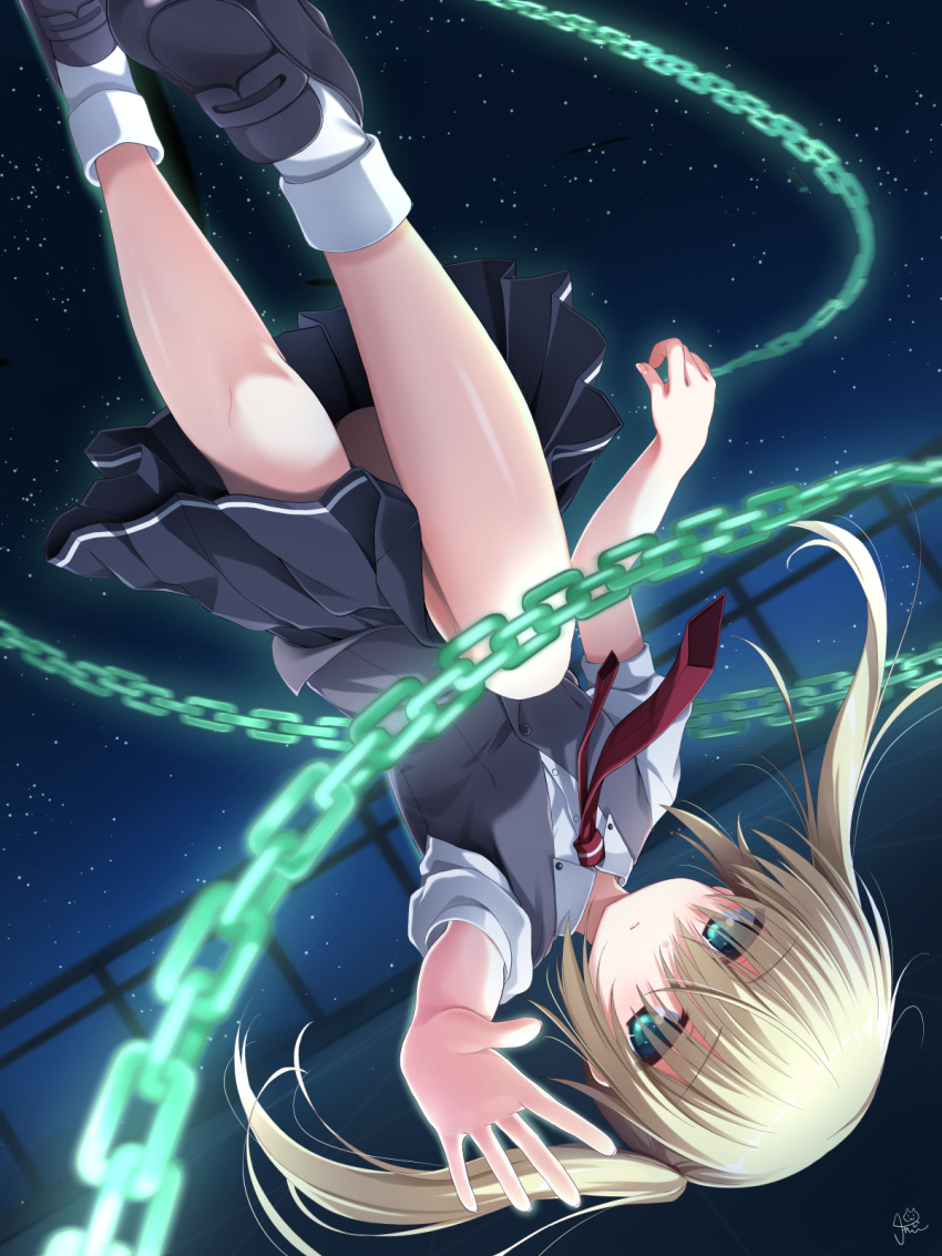 1girl arm_at_side black_footwear black_skirt blonde_hair blush chaamii chain collared_shirt commentary_request crossed_bangs empty_x_embryo eyes_visible_through_hair fence floating_hair foot_out_of_frame glowing_chain green_eyes grey_vest hair_between_eyes highres knee_up kono_natsuki loafers long_hair looking_at_viewer midair miniskirt necktie night on_roof open_hand outdoors outstretched_arm parted_lips pleated_skirt puffy_short_sleeves puffy_sleeves red_necktie school_uniform shiny_skin shirt shoes short_sleeves signature skirt sky solo star_(sky) starry_sky twintails upside-down vest white_shirt