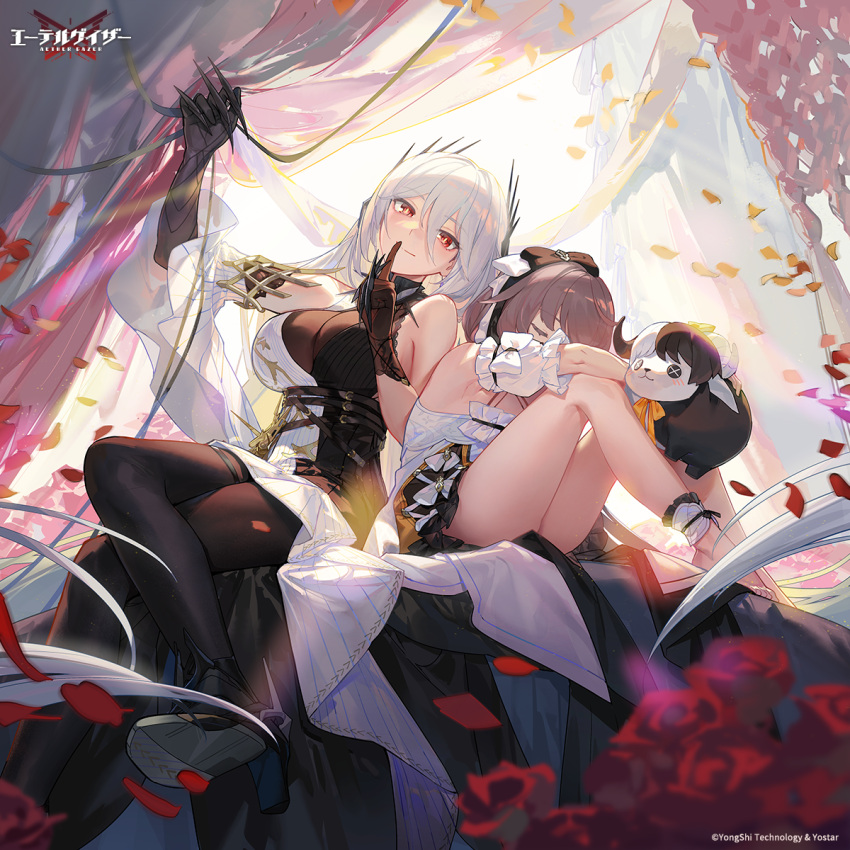 2girls aether_gazer armpit_crease bare_shoulders barefoot black_pantyhose breasts claw_ring claws closed_eyes commentary_request detached_sleeves doll dress fetal_position hades_(aether_gazer) hair_ornament high_heels highres index_finger_raised long_hair long_sleeves looking_at_viewer medium_breasts mintha_(aether_gazer) multicolored_clothes multicolored_dress multiple_girls pantyhose rafaelaaa sleeping thighs white_hair