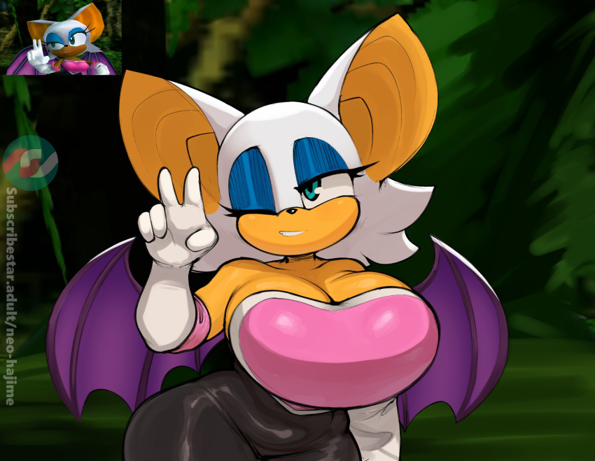 2023 5_fingers anthro bat big_breasts black_nose blue_eyes blue_eyeshadow breasts cleavage clothed clothing eyelashes eyeshadow female fingers gesture hair hi_res makeup mammal membrane_(anatomy) membranous_wings neo_hajime one_eye_closed redraw reference_image rouge_the_bat sega smile solo sonic_the_hedgehog_(series) text thick_thighs url v_sign white_hair wings wink