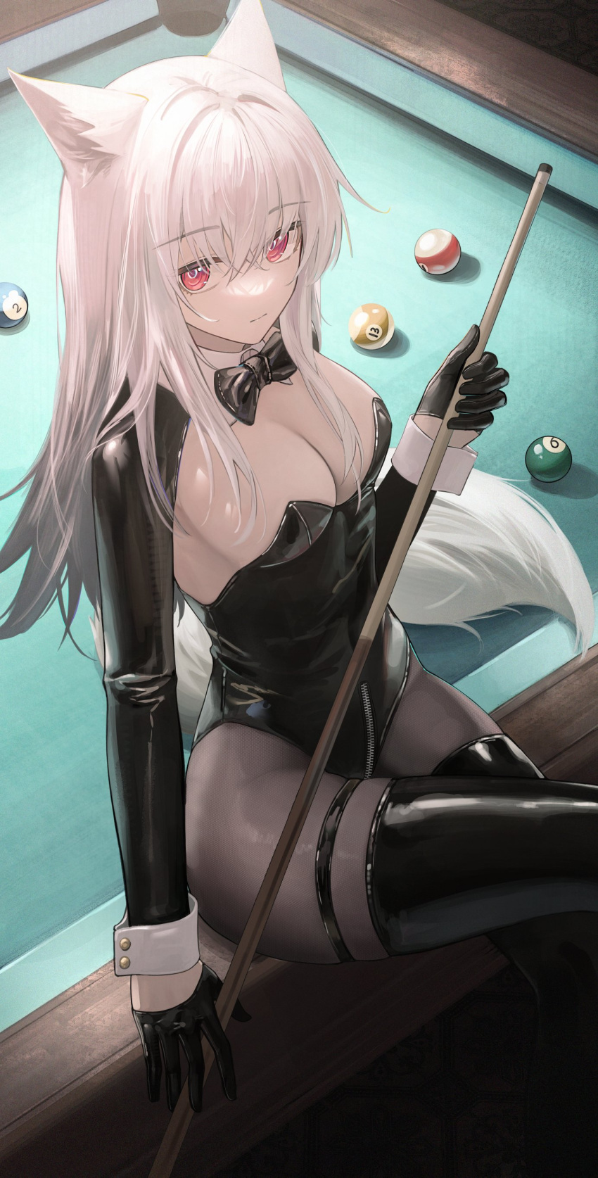 1girl absurdres animal_ears arknights ball billiard_ball black_gloves black_leotard black_thighhighs bow bowtie brown_pantyhose covered_navel crossed_legs detached_collar detached_sleeves flippy_(cripine111) frostleaf_(arknights) gloves highleg highleg_leotard highres holding_cue_stick leotard long_hair looking_at_viewer on_table pantyhose pool_table red_eyes side-tie_leotard sitting sitting_on_table solo strapless strapless_leotard table tail thigh_strap thighhighs white_hair wrist_cuffs