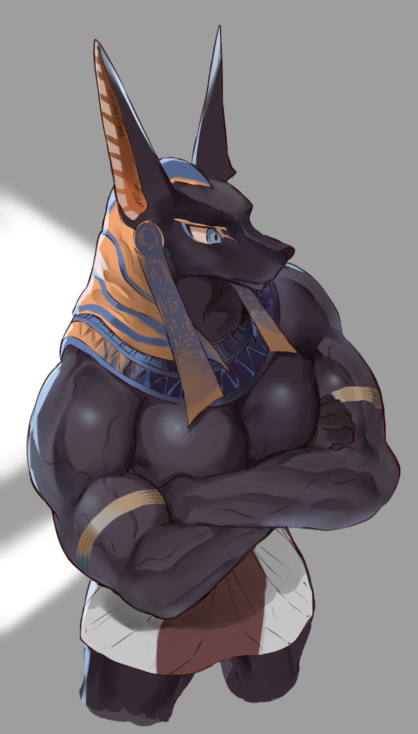 1boy animal_ears animal_head anubis_(mythology) bara black_skin blue_eyes colored_skin cropped_legs crossed_arms dougaku_(passionpit777) egyptian egyptian_mythology from_above furry furry_male highres jackal_boy jackal_ears jackal_tail large_pectorals loincloth looking_to_the_side male_focus muscular muscular_male pectoral_squeeze pectorals solo