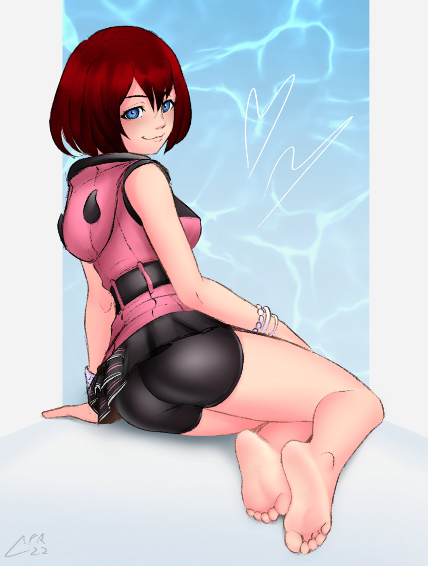 1girl absurdres ass barefoot bike_shorts black_shorts blue_eyes bracelet breasts cabronpr closed_mouth dated eyelashes feet from_behind full_body grey_background highres hood hood_down hooded_jacket jacket jewelry kairi_(kingdom_hearts) kingdom_hearts kingdom_hearts_iii legs medium_breasts medium_hair miniskirt on_ground pink_jacket red_hair short_shorts shorts signature sitting skirt soles solo thighs toes