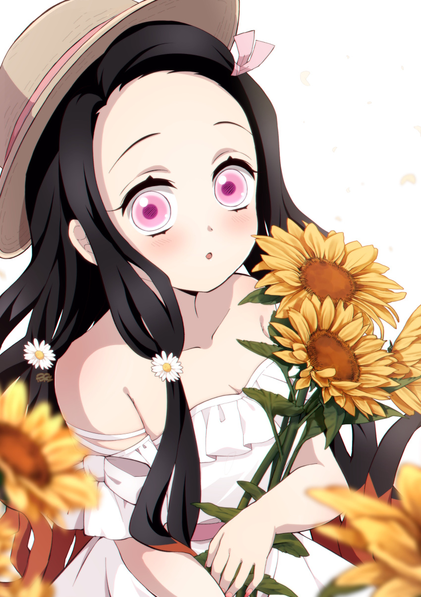 1girl :o absurdres bare_shoulders black_hair breasts brown_hair dress flower forehead hair_flower hair_ornament hair_ribbon hat highres holding holding_flower kamado_nezuko kimetsu_no_yaiba long_hair multicolored_hair open_mouth pink_eyes pink_ribbon pori_(kmt_pori) ribbon solo sunflower white_dress