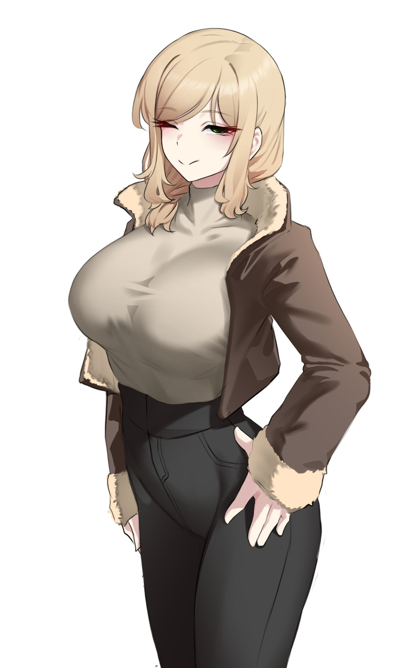 1girl absurdres black_pants blonde_hair breasts cowboy_shot eyebrows_hidden_by_hair fur-trimmed_jacket fur_trim green_eyes half-closed_eyes hand_on_own_hip highres jacket k0ng large_breasts long_hair one_eye_closed original pants simple_background smile solo turtleneck