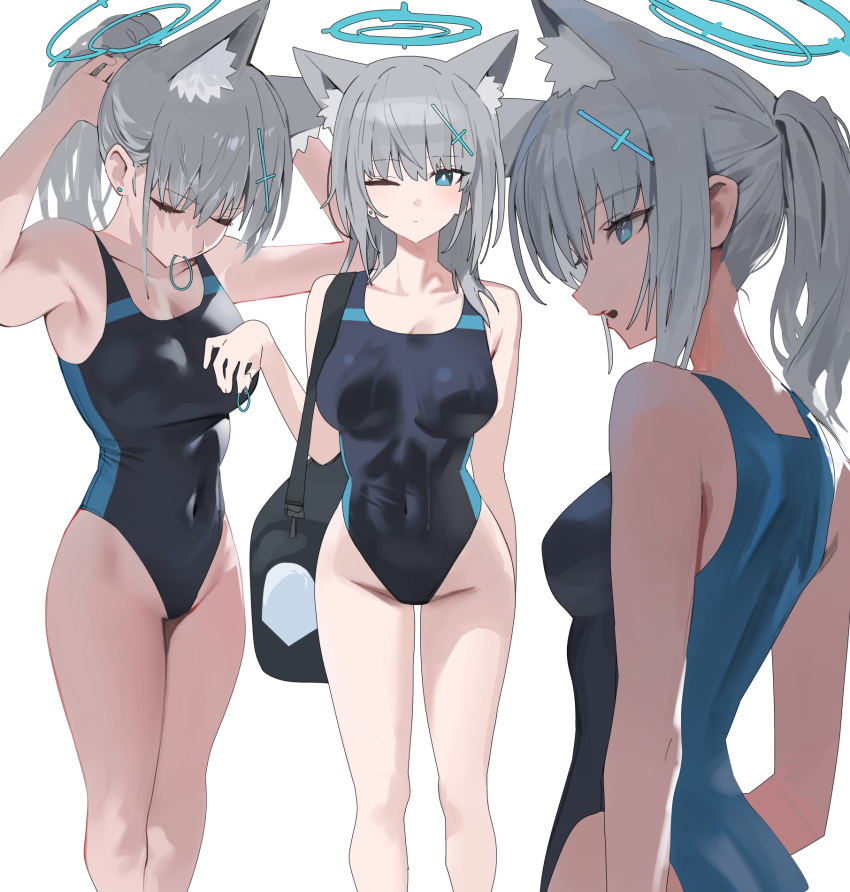 1girl adjusting_hair animal_ear_fluff animal_ears bag bare_arms bare_shoulders blue_archive blue_eyes breasts cat_ears cleavage closed_eyes collarbone competition_swimsuit covered_navel cross_hair_ornament extra_ears feet_out_of_frame grey_hair hair_ornament hair_tie_in_mouth halo highres hood_(james_x) large_breasts looking_at_viewer medium_breasts medium_hair mouth_hold multiple_views official_alternate_costume one-piece_swimsuit one_eye_closed parted_lips ponytail shiroko_(blue_archive) shiroko_(swimsuit)_(blue_archive) sidelocks simple_background standing swimsuit thighs two-tone_swimsuit tying_hair white_background wolf_ears