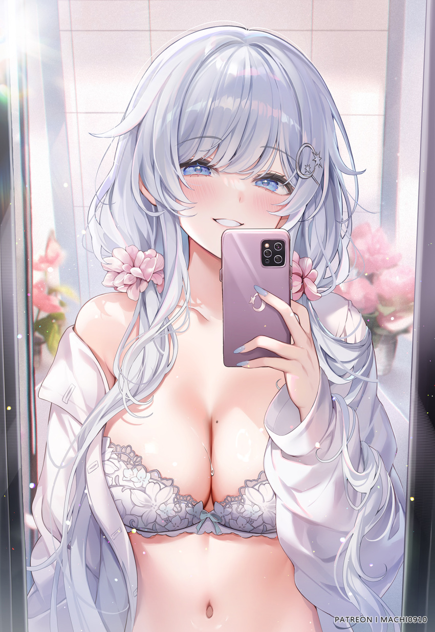 1girl blue_eyes bra brand_name_imitation breasts cellphone cleavage commentary_request flower hair_flower hair_intakes hair_ornament hairpin highres holding holding_phone indoors iphone large_breasts light_particles looking_at_viewer low_twintails machi_(7769) mirror mole mole_on_breast navel off_shoulder open_clothes open_shirt original phone reflection selfie shirt smartphone smile solo stomach tile_wall tiles twintails underwear upper_body white_bra white_flower white_hair white_shirt