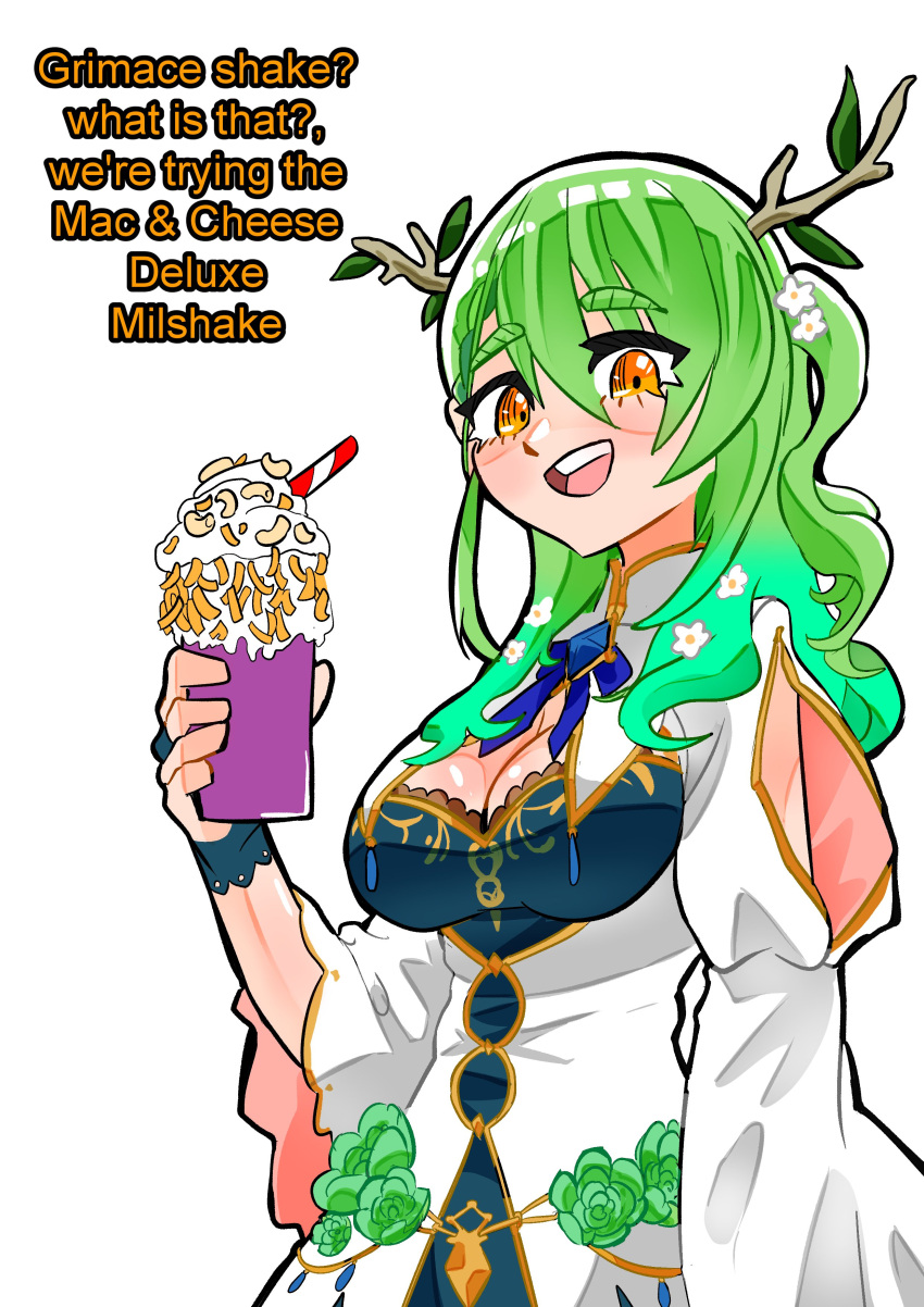 1girl absurdres antlers branch breasts ceres_fauna cheese cleavage cup disposable_cup drinking_straw english_text flower food green_hair grimace_shake_(meme) hair_flower hair_ornament highres holding holding_cup hololive hololive_english koizumi_arata long_hair looking_at_viewer meme milkshake multicolored_hair pasta purple_liquid scene_reference smile solo virtual_youtuber yellow_eyes