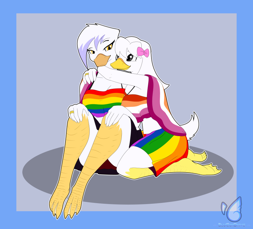 absurd_res aged_up anatid anseriform anthro avian bedding big_breasts bird blanket bludraconoid bottomwear breasts clothing disney duck ducktales ducktales_(2017) duo embrace feathers female female/female genitals hi_res hug intimate lena_(ducktales) lesbian_couple lgbt_pride non-mammal_breasts nude pride_color_bottomwear pride_color_clothing pride_color_topwear pride_colors romantic romantic_couple shirt shorts side_boob tank_top topwear webby_vanderquack white_body white_feathers wholesome