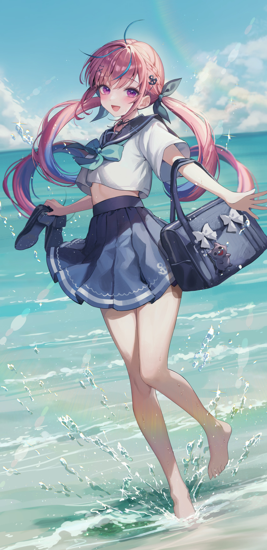 :d absurdres ahoge anchor_hair_ornament bag bare_legs barefoot beach black_bow black_sailor_collar blue_bow blue_bowtie blue_hair blue_skirt blue_sky blush bow bowtie bubble cloud day floating_hair foot_up hair_bow hair_ornament high-waist_skirt highres holding holding_clothes holding_footwear hololive horizon knees_together_feet_apart kudou_(sikisiki0000) lens_flare long_hair long_sleeves looking_at_viewer low_twintails midriff_peek minato_aqua multicolored_hair ocean open_hand open_mouth outdoors pink_hair pleated_skirt purple_eyes sailor_collar school_bag school_uniform serafuku shirt shoes shoes_removed sidelocks skirt sky smile sparkle splashing thighs twintails two-tone_hair virtual_youtuber wading water_drop white_shirt wind wind_lift
