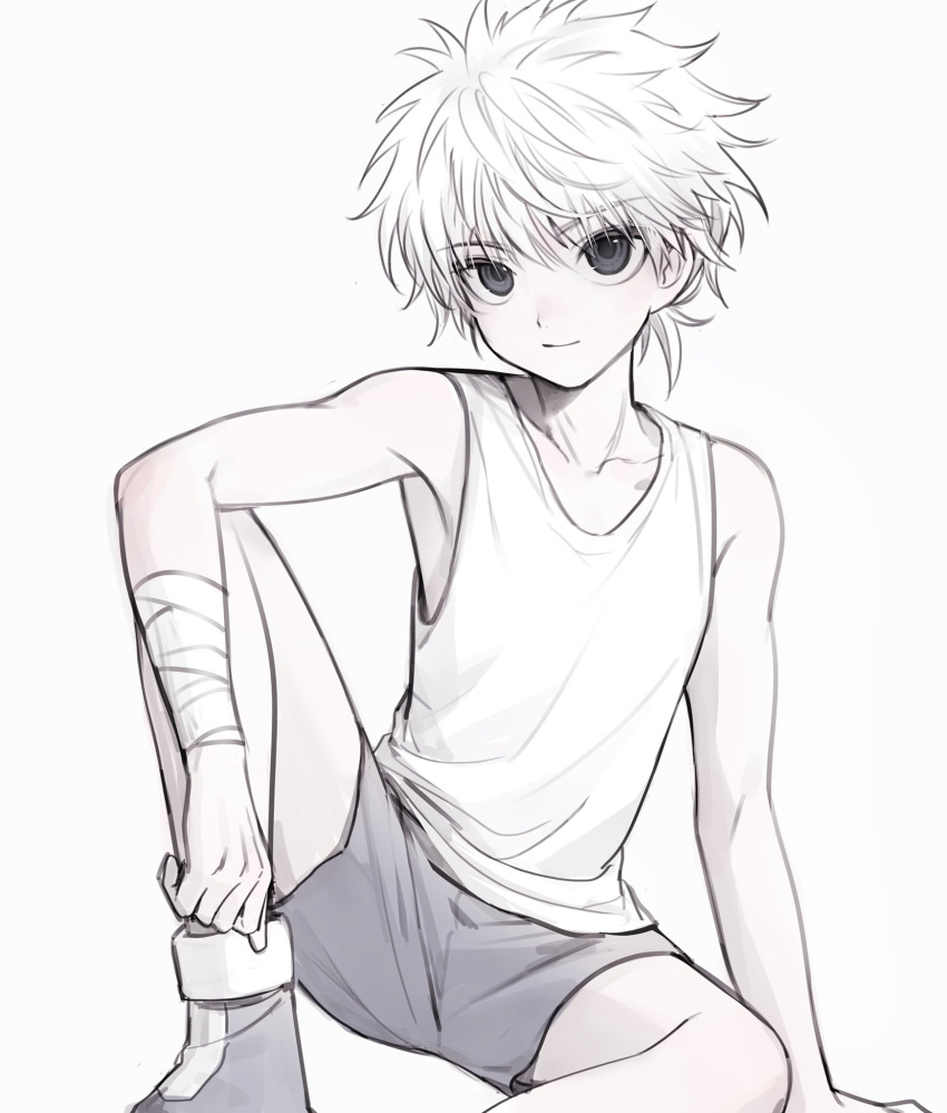 1boy bandaged_arm bandages black_eyes closed_mouth grey_footwear grey_shorts hair_between_eyes highres hunter_x_hunter kiko killua_zoldyck looking_at_viewer male_focus shoes shorts simple_background sitting solo spiked_hair tank_top white_background white_hair white_tank_top
