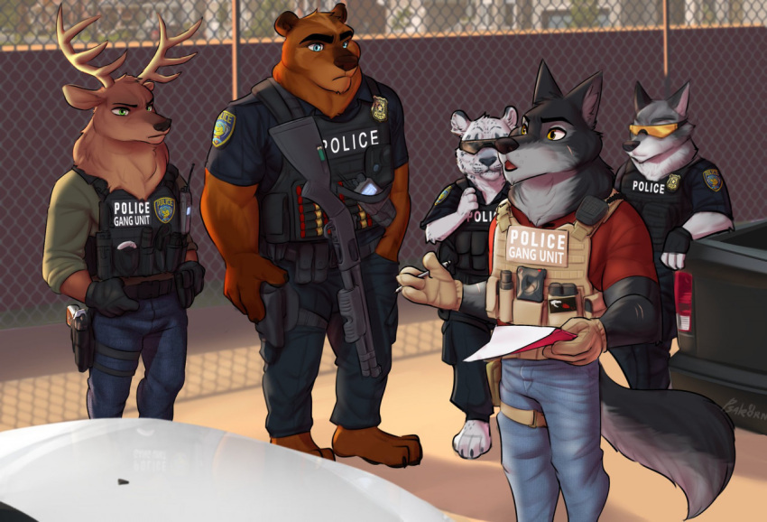 anthro axel_wolfram bear ben_bearett_(grizzlygus) briefing brown_bear bulletproof_vest canid canine canis cervine clothing deer detective dietrich_"red"_burkhart disney eyewear felid grizzly_bear grizzlygus group gun holstered_pistol male mammal mossberg_500 officer_wolfard pantherine police_badge police_officer police_uniform psakorn_tnoi ranged_weapon red_deer shell_(projectile) shotgun shotgun_shell size_difference snow_leopard sunglasses tactical_gear uniform ursine vehicle weapon wolf zootopia