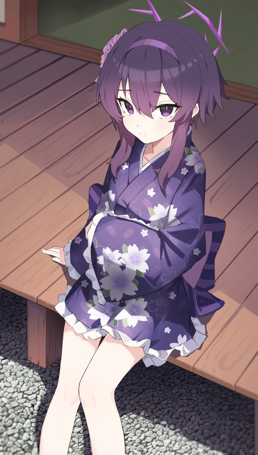 1girl absurdres blue_archive breasts closed_mouth feet_out_of_frame floral_print flower hair_between_eyes hair_flower hair_ornament hairband halo haruka_(blue_archive) haruka_(new_year)_(blue_archive) highres japanese_clothes kimono long_sleeves looking_at_viewer medium_hair purple_eyes purple_hair purple_kimono rock short_kimono sidelocks sitting small_breasts solo veranda wide_sleeves yuku~