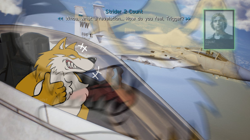 ace_combat ace_combat_7 aircraft airplane angry anthro bandai_namco belkanloyalist_(artist) blue8492_(artist) canid canine canis cloud count_(ace_combat_7) duo f-15 f-15_eagle f-22 f-22_raptor f15c gesture hi_res human humanoid inner_monologue male mammal nodding_head pilot rage_face thumbs_up trigger_(ace_combat_7) wolf