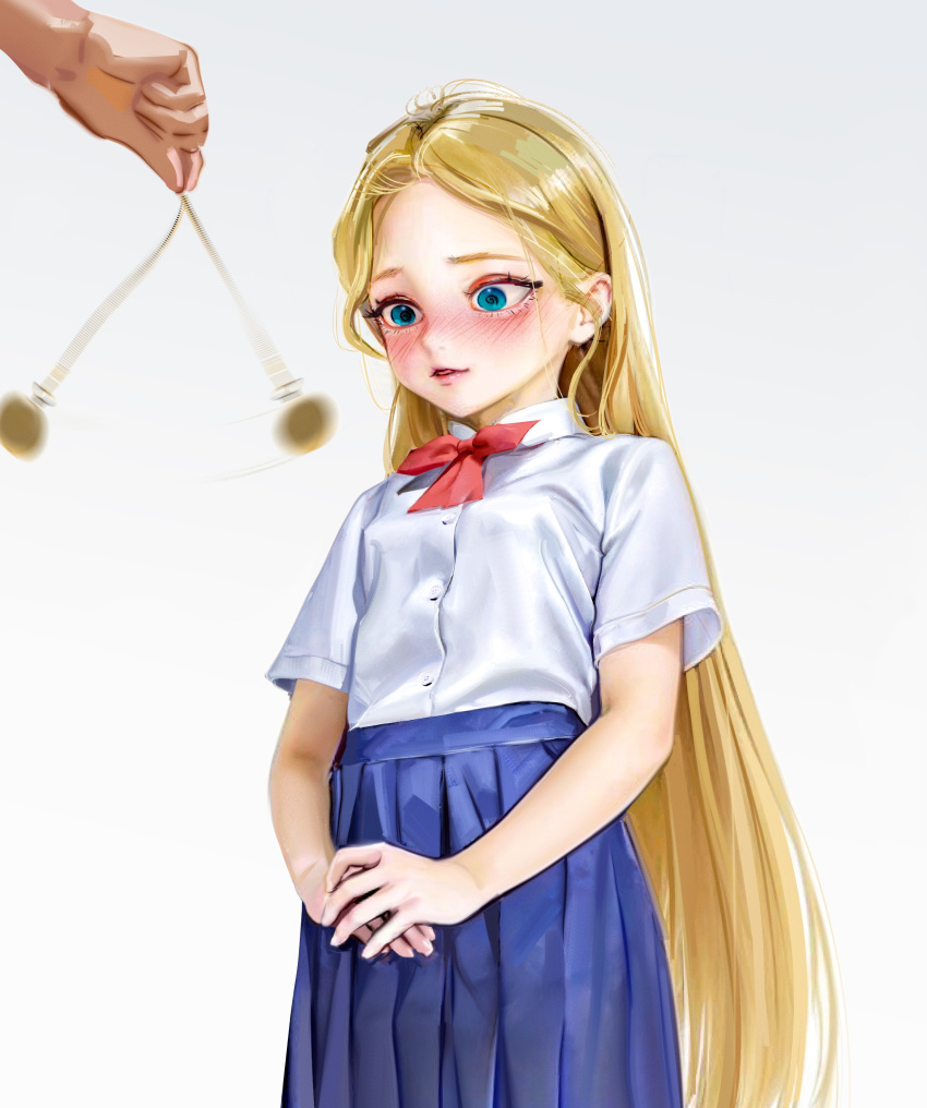 1girl 1other @_@ absurdres blonde_hair blue_eyes blue_skirt blush borrowed_character breasts buttons collared_shirt cowboy_shot hair_behind_ear highres hypnosis long_hair looking_at_object mind_control neck_ribbon original own_hands_together parted_hair parted_lips pendulum pleated_skirt red_ribbon ribbon sasha_(haguhagu) shirt shirt_tucked_in short_sleeves skirt small_breasts solo_focus standing straight_hair sweetonedollar very_long_hair white_shirt
