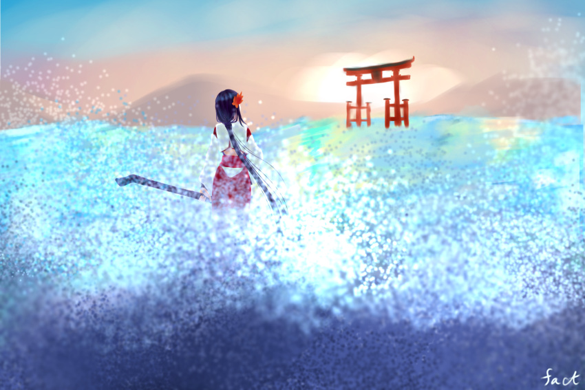 1girl back_cutout beach black_hair clothing_cutout hair_ornament hakama hakama_skirt highres holding itsukushima_no_tomonari_(tenka_hyakken) japanese_clothes leaf leaf_hair_ornament long_hair looking_afar low_ponytail maple_leaf miko red_hakama scenery shoulder_cutout signature skirt solo_focus splashing sunrise tatimori_tokage tenka_hyakken torii water_drop wide_sleeves