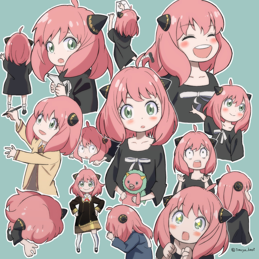 +_+ 1girl :d :o ^_^ ahoge anya_(spy_x_family) arms_up artist_name black_dress black_footwear blush bobby_socks brooch clenched_hands closed_eyes closed_mouth collared_shirt commentary_request cone_hair_bun cropped_torso director_chimera_(spy_x_family) double_bun dress eden_academy_school_uniform eyelashes facing_away from_behind gold_trim green_background green_eyes hair_between_eyes hair_bun hairpods hands_on_own_hips hands_up highres holding holding_paper holding_pen holding_stuffed_toy jacket jewelry kamishita_tomoya kneehighs long_sleeves looking_at_viewer looking_to_the_side medium_hair multiple_views neck_ribbon open_mouth outline paper pen pink_hair pointing red_ribbon ribbon round_teeth school_uniform shirt shoes short_sleeves sidelocks simple_background smile socks split_mouth spy_x_family stuffed_animal stuffed_toy teeth twitter_username upper_body upper_teeth_only v-shaped_eyebrows white_outline white_ribbon white_shirt white_socks wide-eyed yellow_jacket